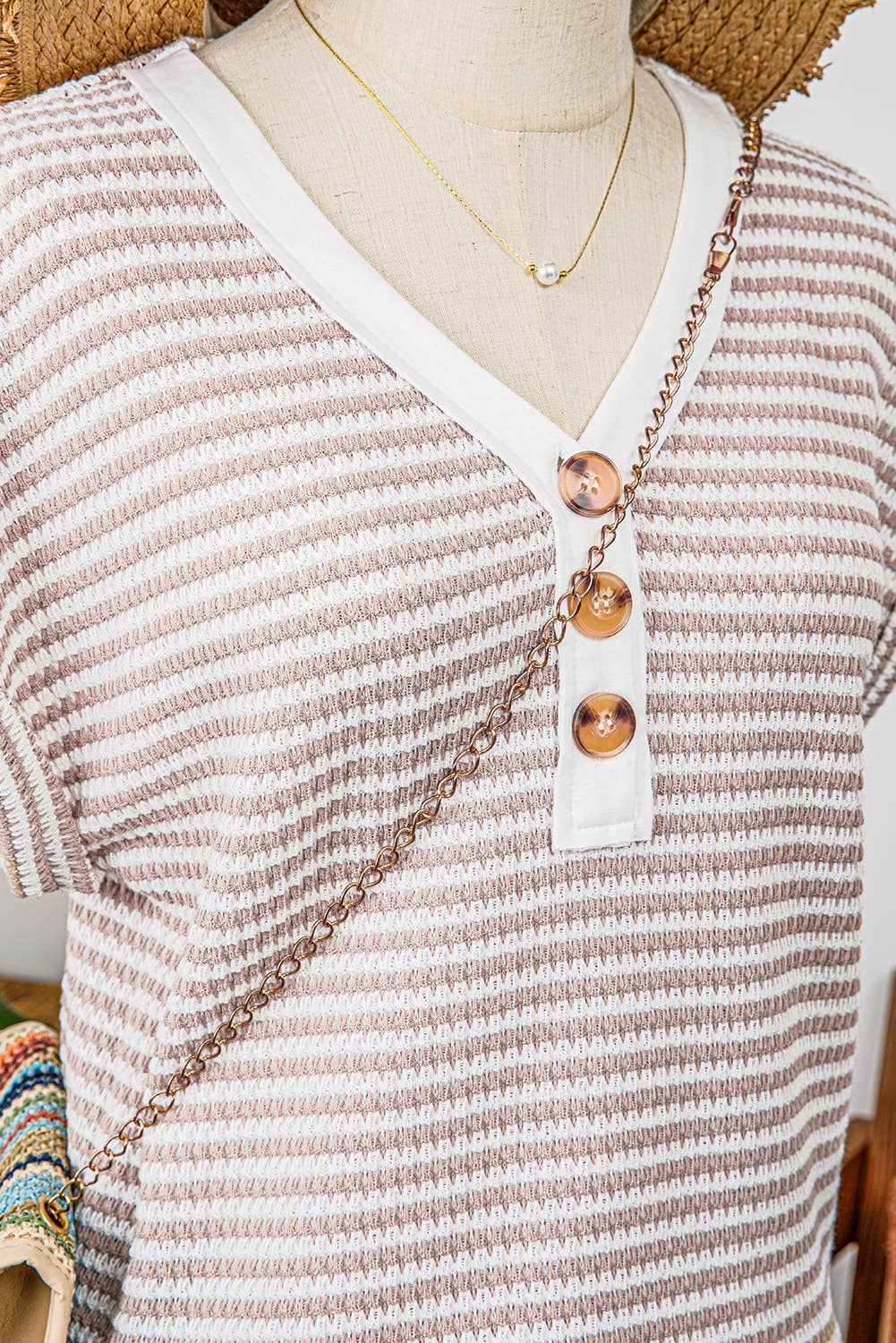 Stripe Buttoned Front V Neck Knitted T Shirt - Branded By Barta