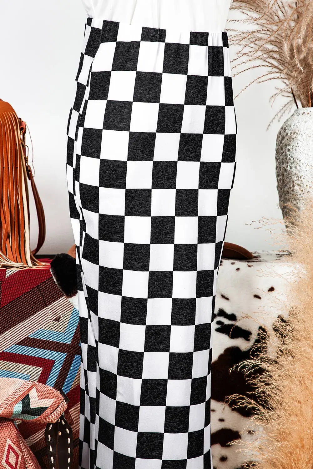 Fall Checkered Side Slit High Waist Midi Skirt