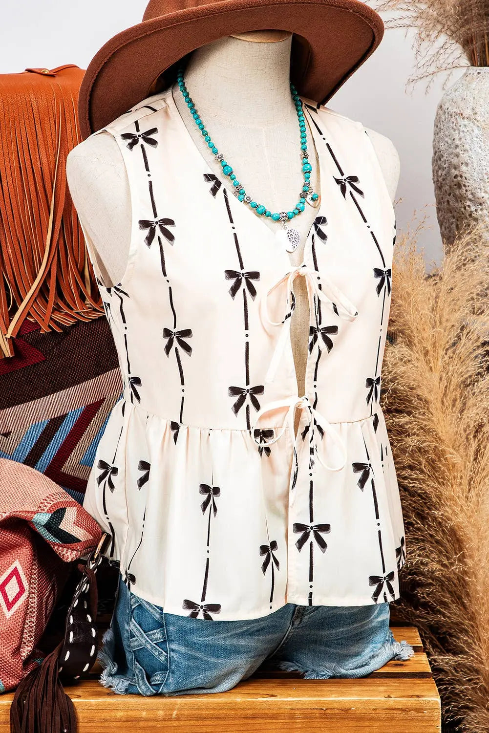 Bow Printed Tie Closure Ruffled Vest - Branded By Barta