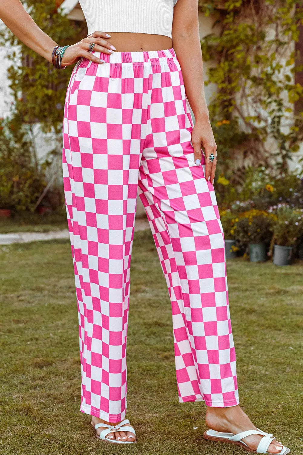 Checked Print High Waist Wide Leg Pants