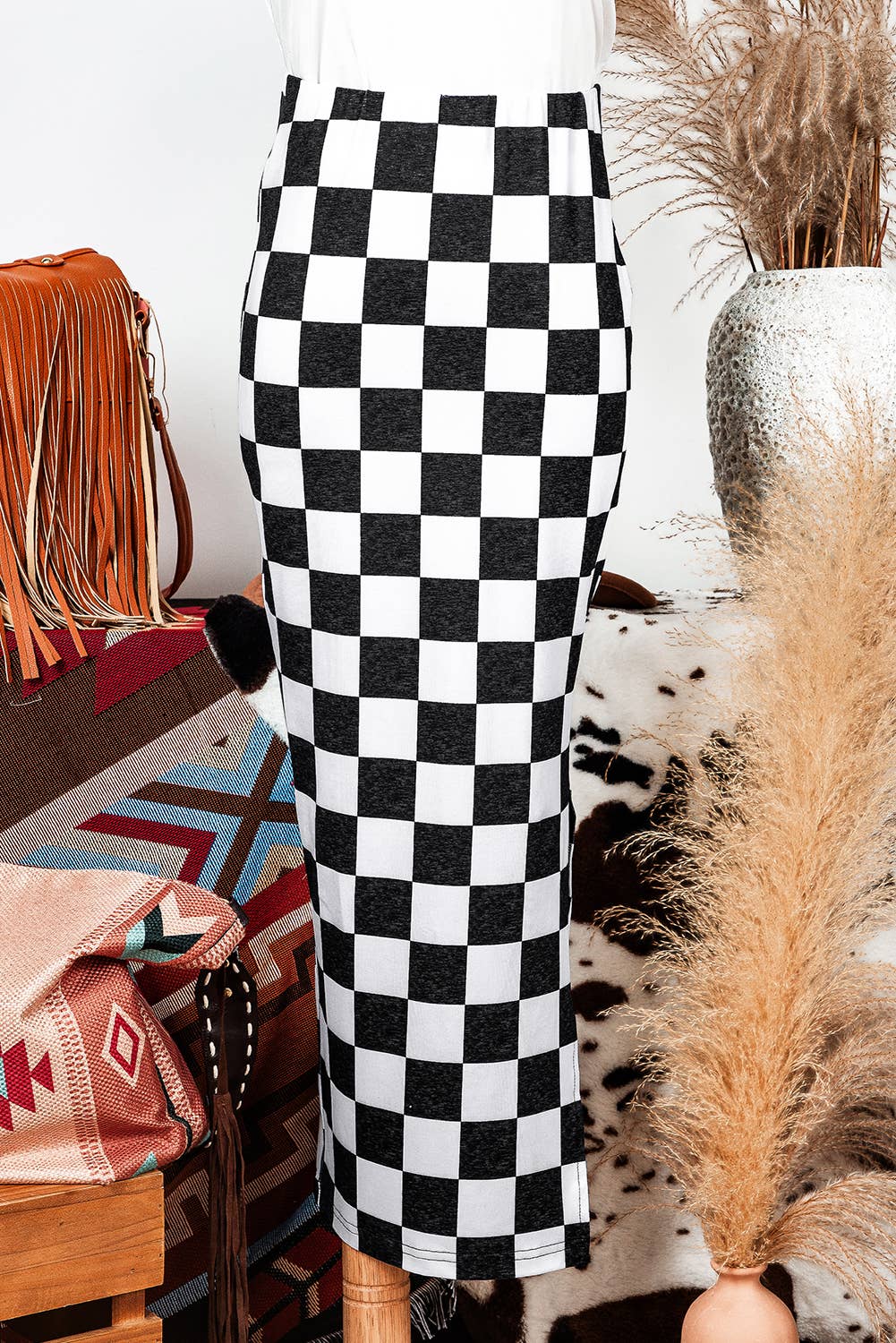 Fall Checkered Side Slit High Waist Midi Skirt