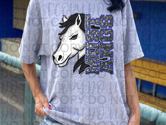 Mustangs Mascot Faux Glitter Emb Tee - Branded By Barta