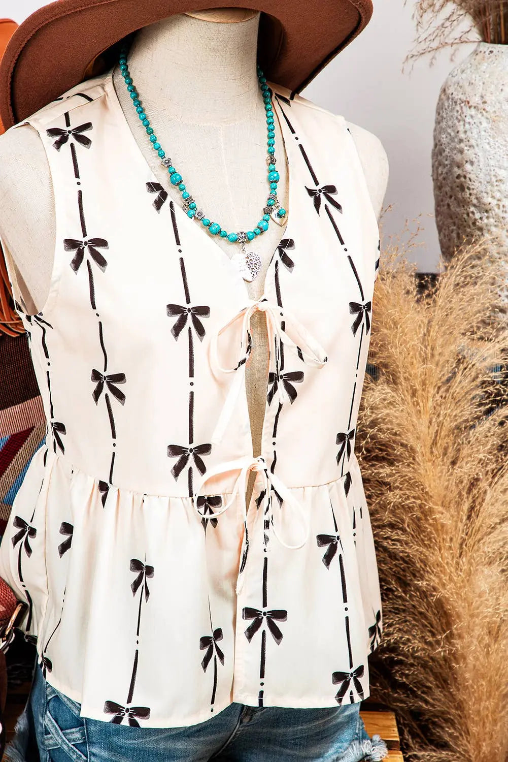 Bow Printed Tie Closure Ruffled Vest - Branded By Barta
