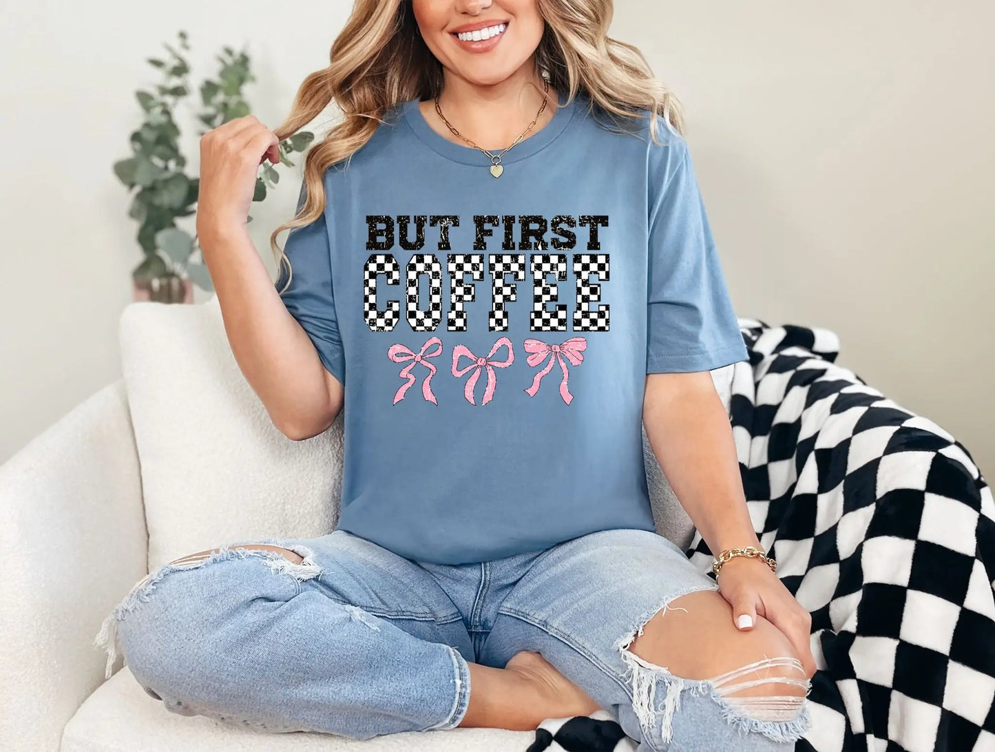 But first Coffee checkered with bow brandedbybarta