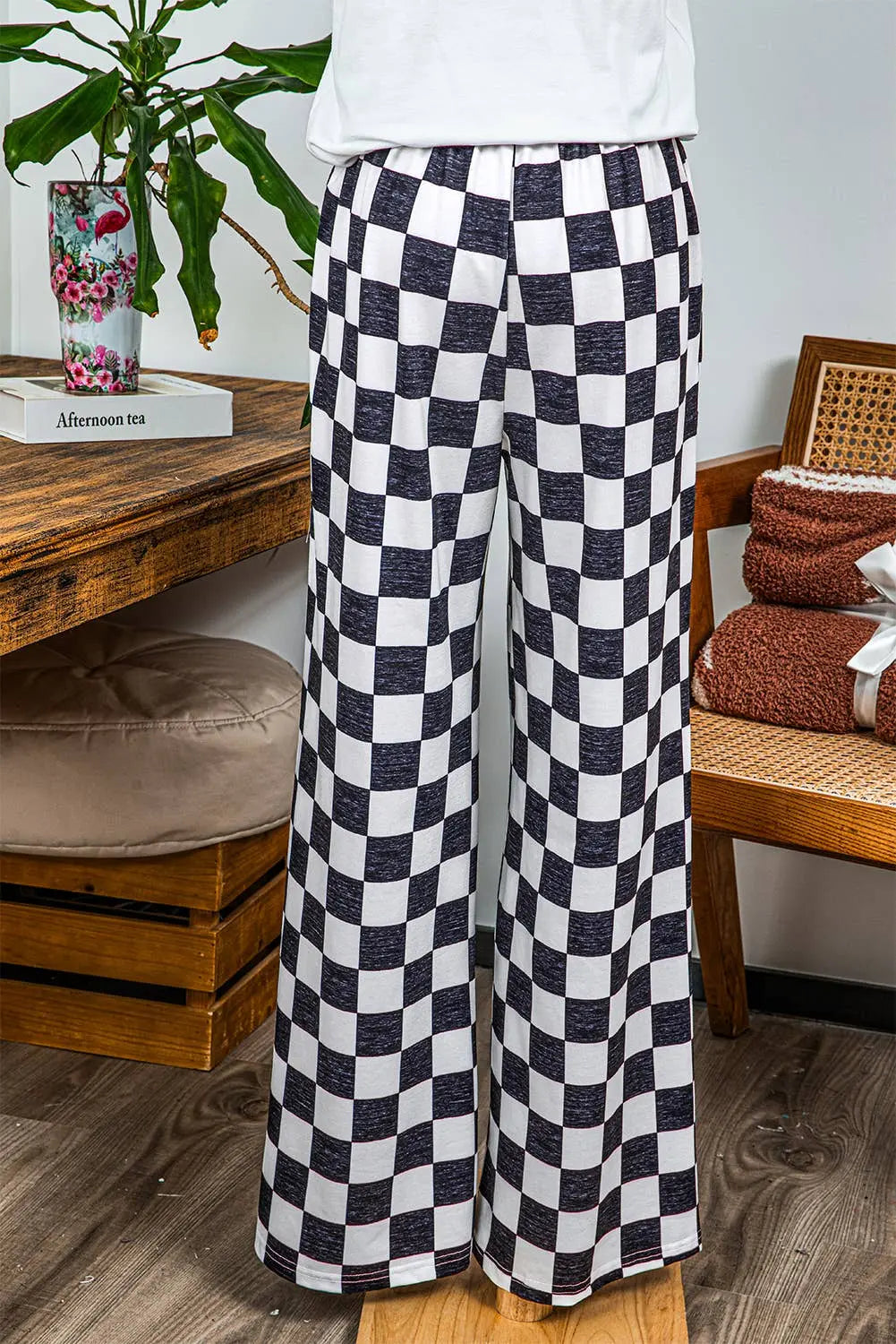 Checked Print High Waist Wide Leg Pants