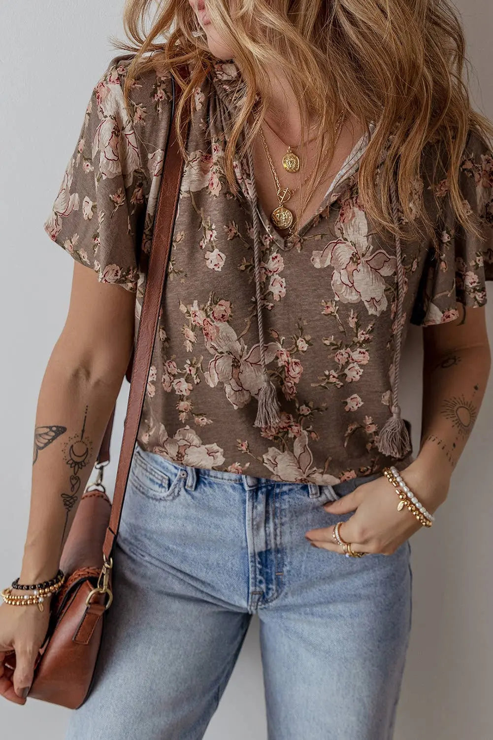 LDC Floral Print Tassel Tie Split Neck Short Sleeve Blouse Little Daisy Closet