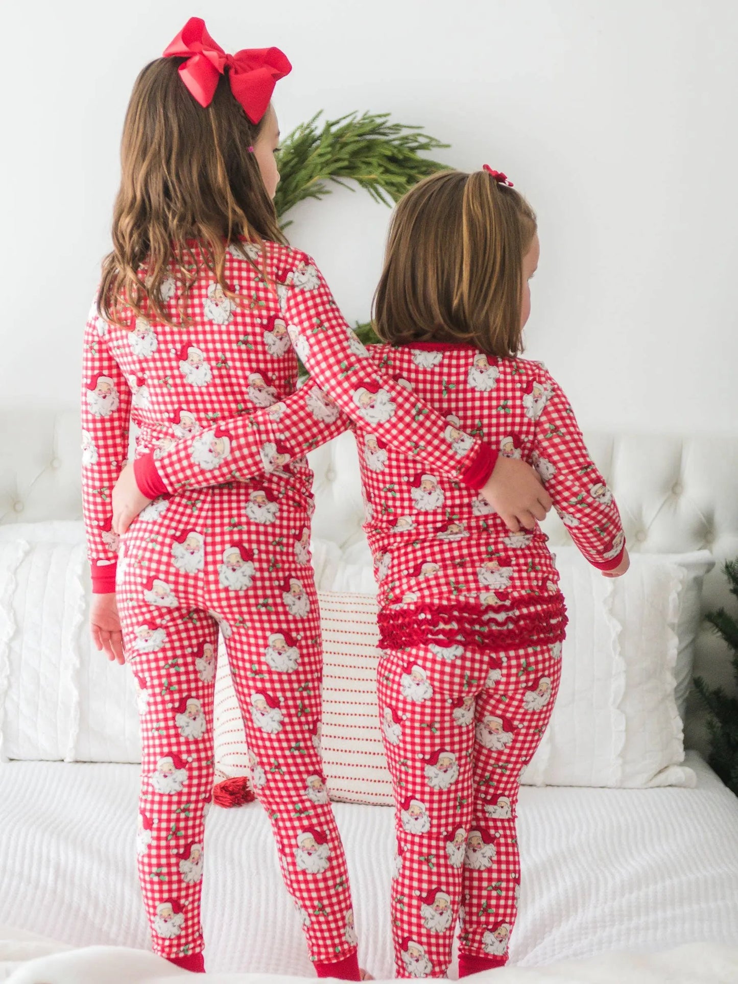 SoftSnooze™ Girls Bamboo Viscose Red Dear Santa Ruffle Long Sleeve Pajama Set RuffleButts + RuggedButts