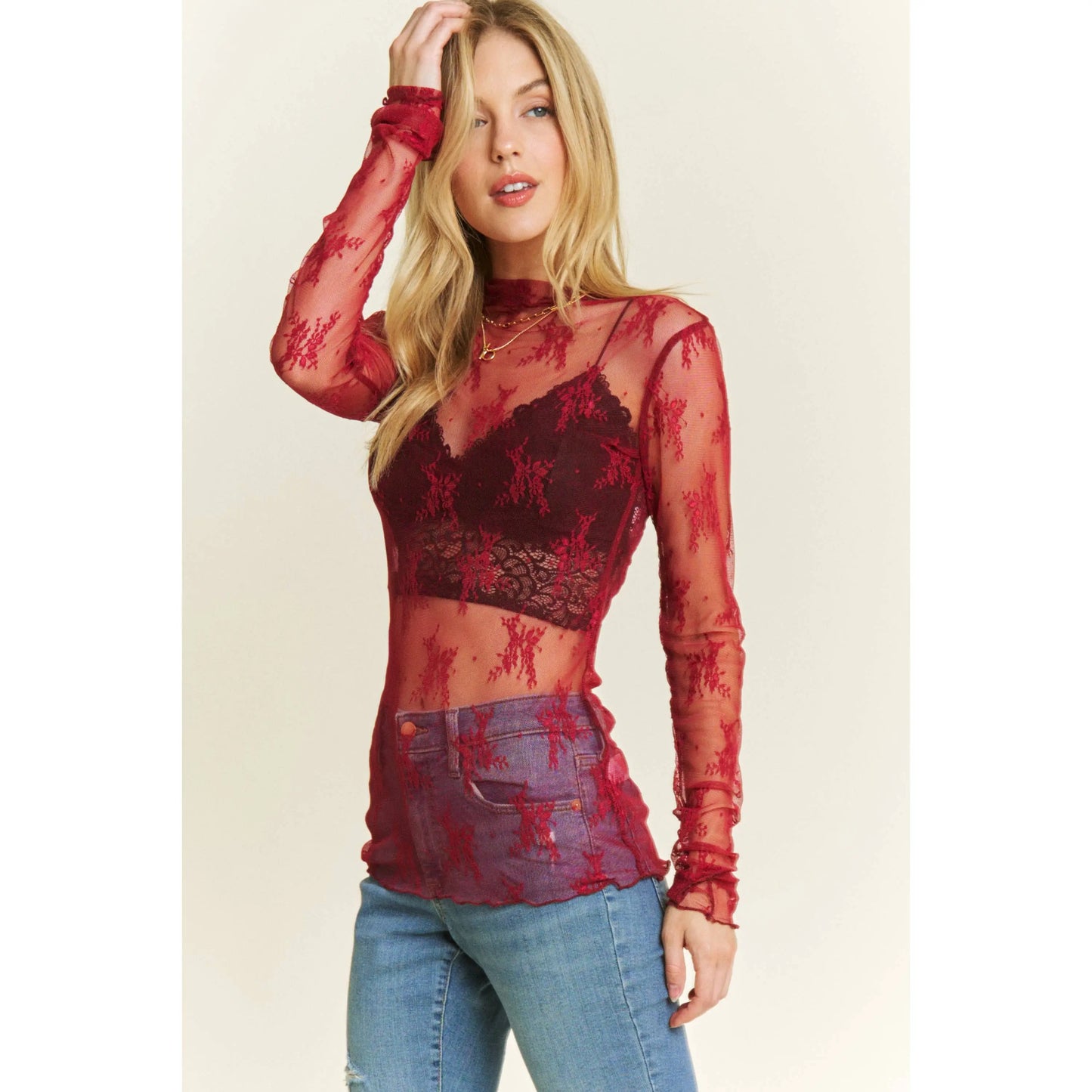 MESH LACE HIGH NECK DESIGN LONG SLEEVE FITTED TOP - Branded By Barta