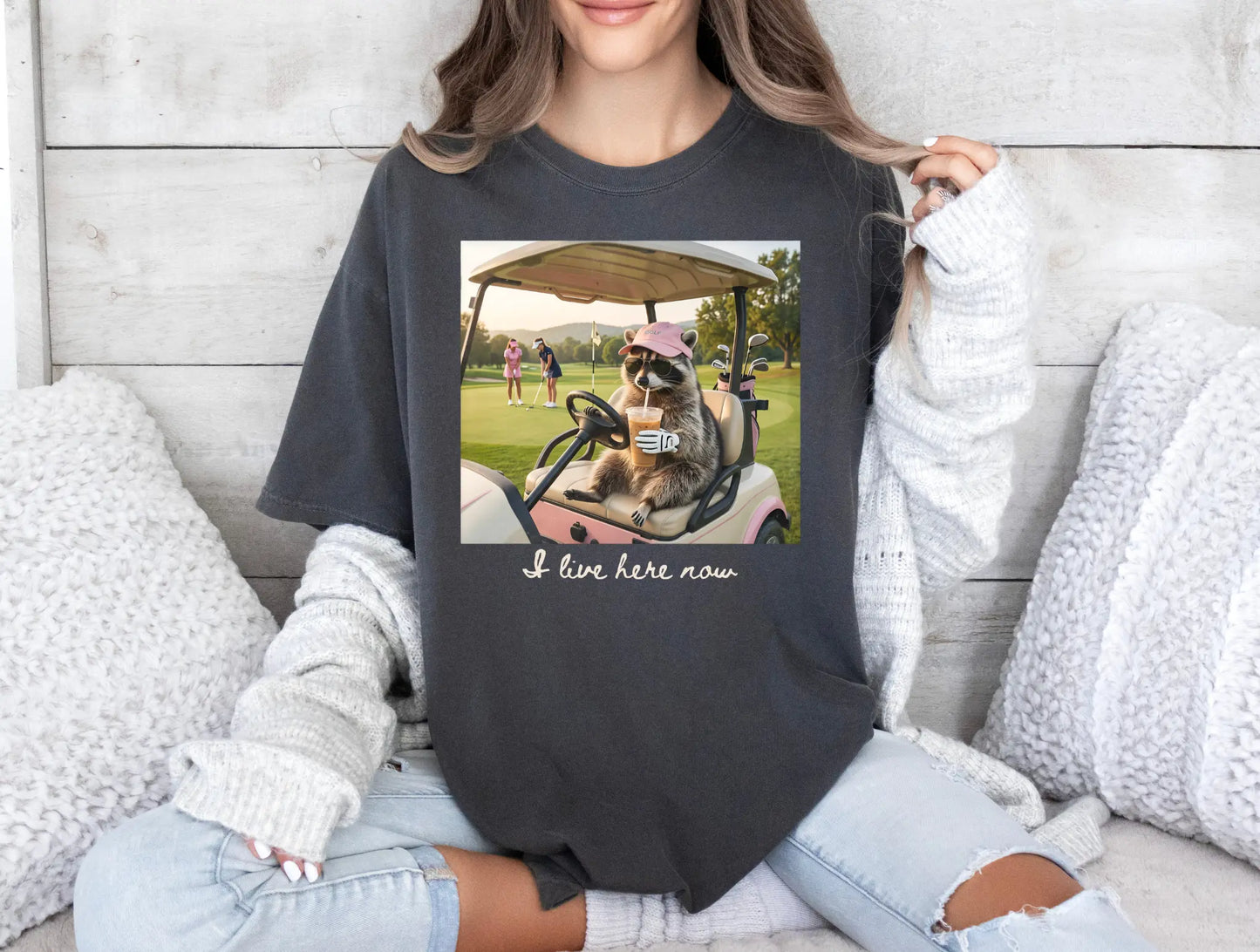 I Live Here Now Funny Golf Raccoon brandedbybarta