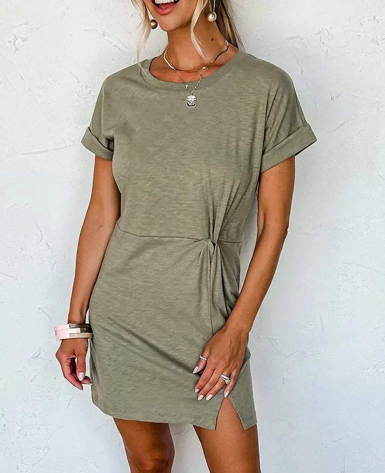 T-shirt style casual loose slit knee-length dress HIDDENBRAND