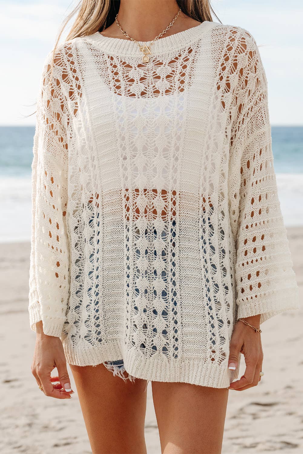 Hollow Out Knit Bracelet Sleeve Drop Shoulder Sweater | S-XL Aapparella