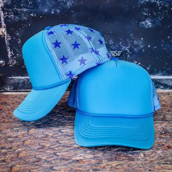 Neon Blue Star Printed Mesh Trucker Cap Flying S Company
