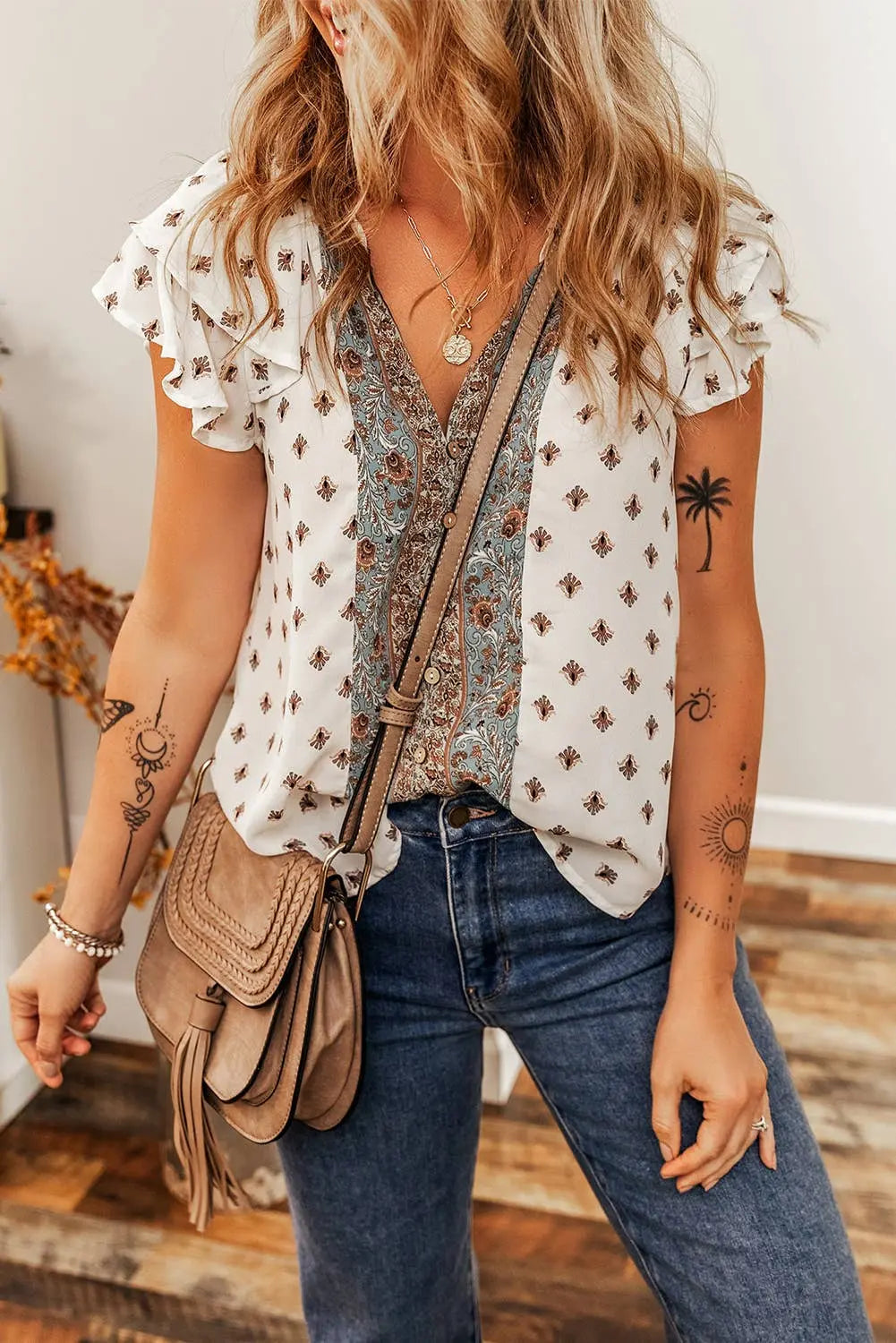 Boho Floral Patchwork Ruffle Sleeve Shift Blouse | S-XL Aapparella