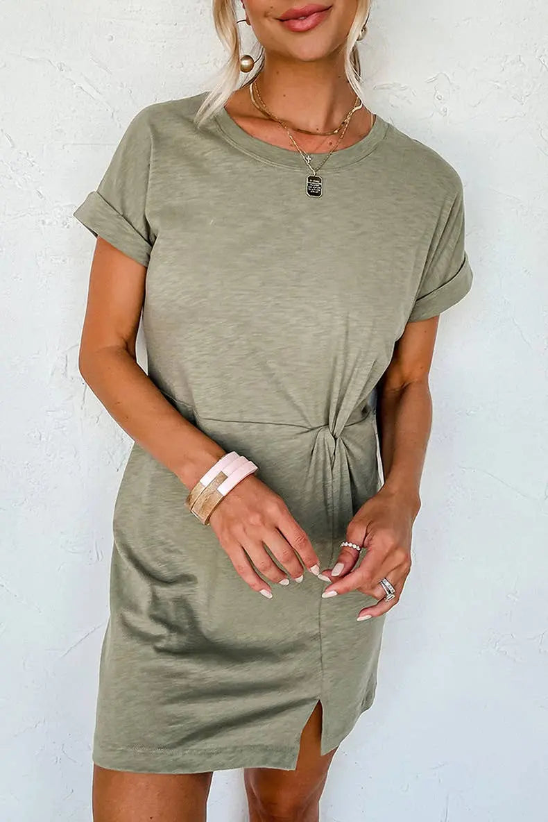 T-shirt style casual loose slit knee-length dress HIDDENBRAND