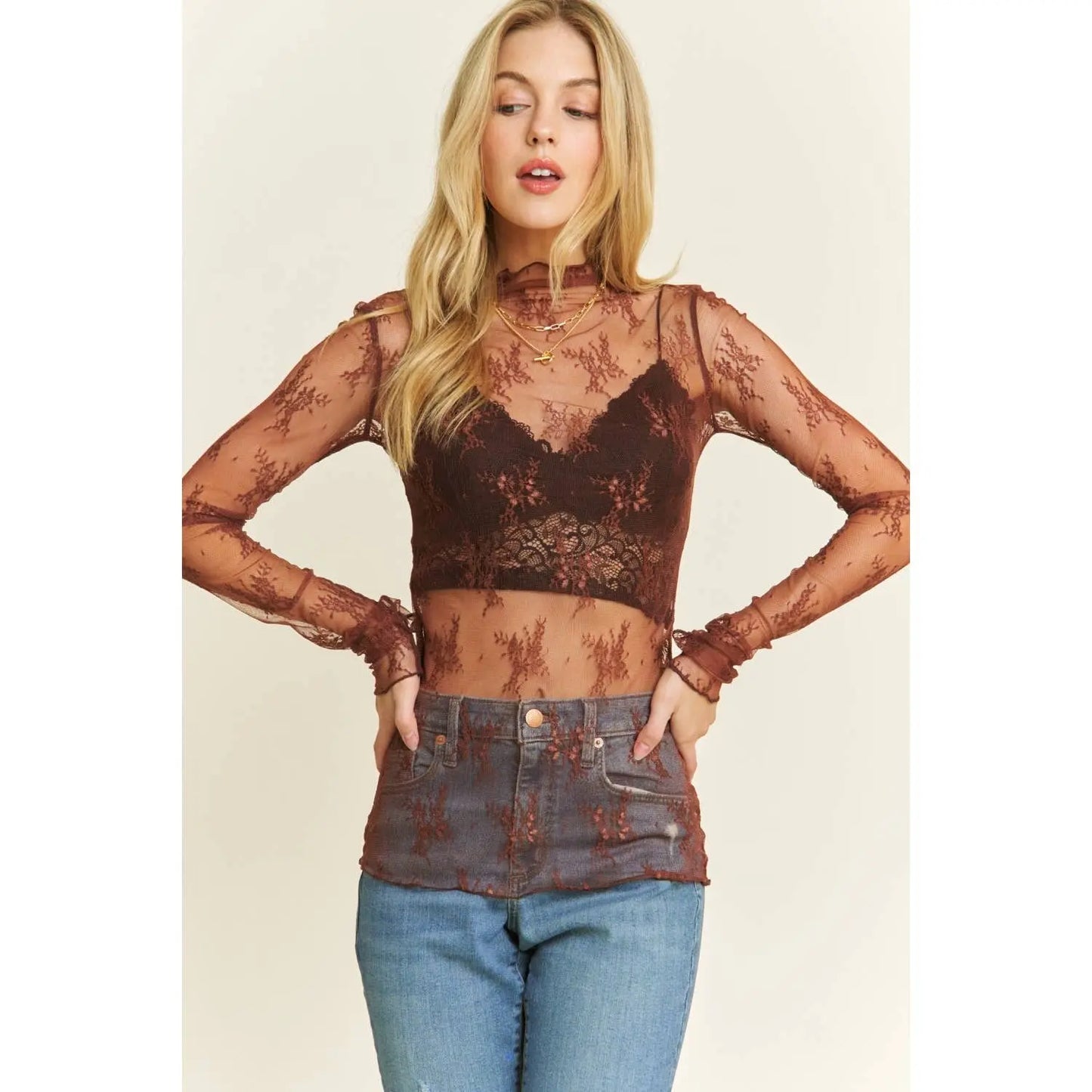 MESH LACE HIGH NECK DESIGN LONG SLEEVE FITTED TOP - Branded By Barta