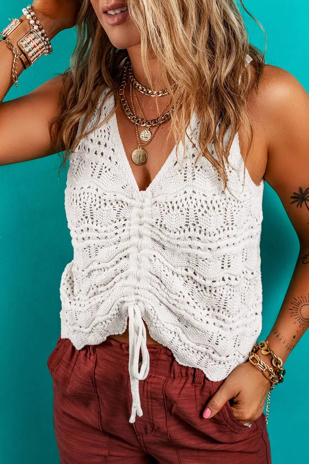 LDC Trendy Hollowed Knit V Neck Drawstring Sweater Vest Little Daisy Closet