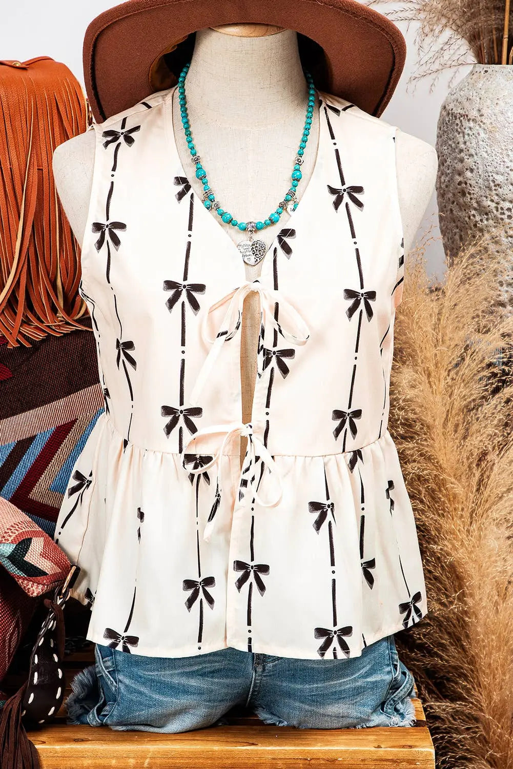 Bow Printed Tie Closure Ruffled Vest - Branded By Barta