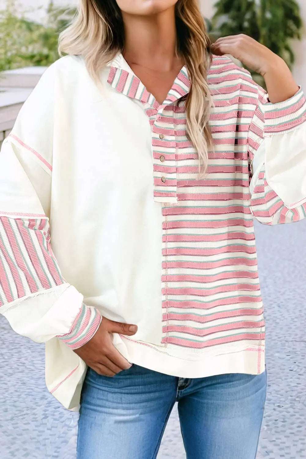Stripe Stitched Detail Patchwork Oversized Pullover Top Little Daisy Closet