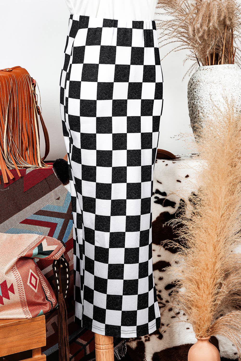 Fall Checkered Side Slit High Waist Midi Skirt