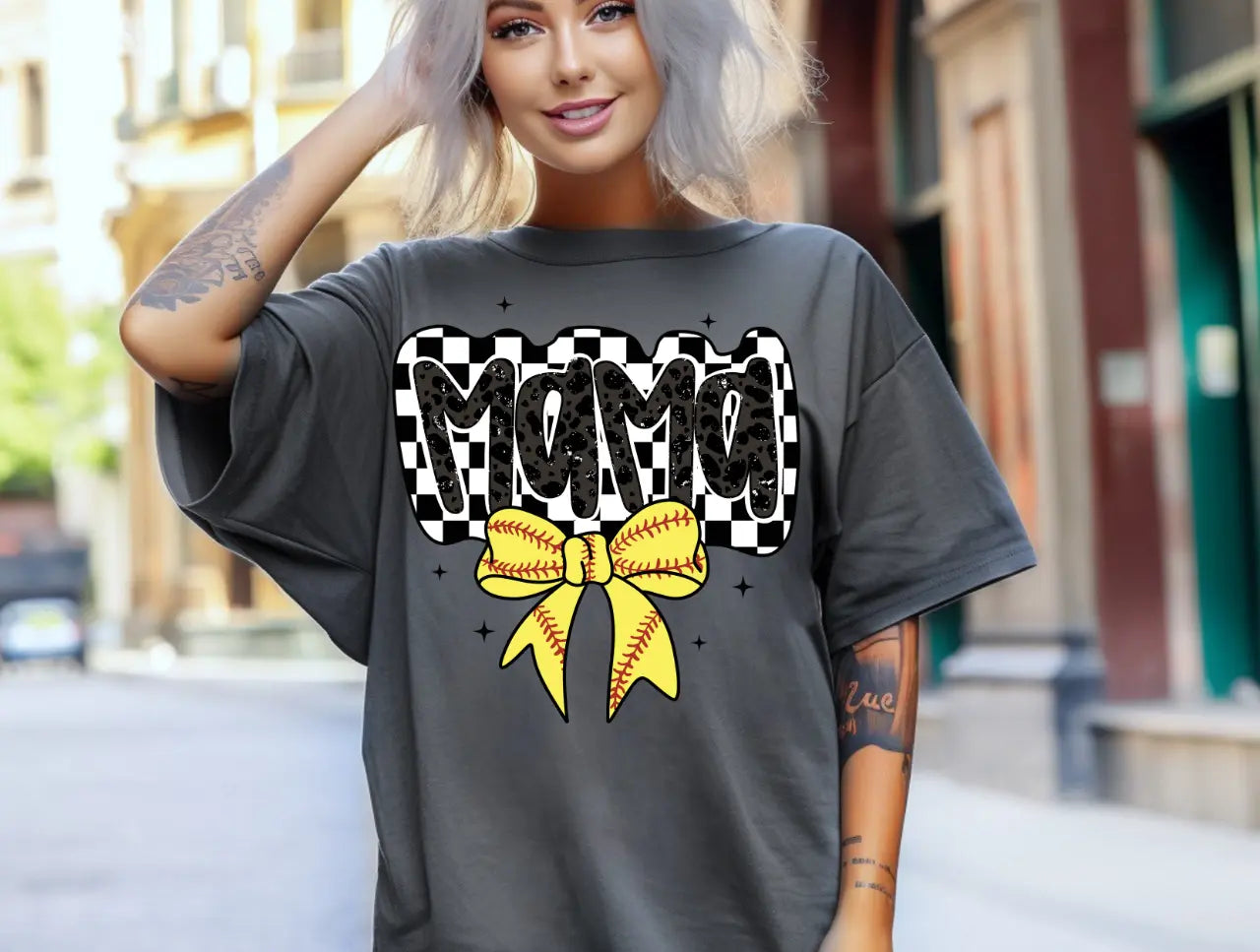 Checkered Softball Mama Bow - Branded By Barta