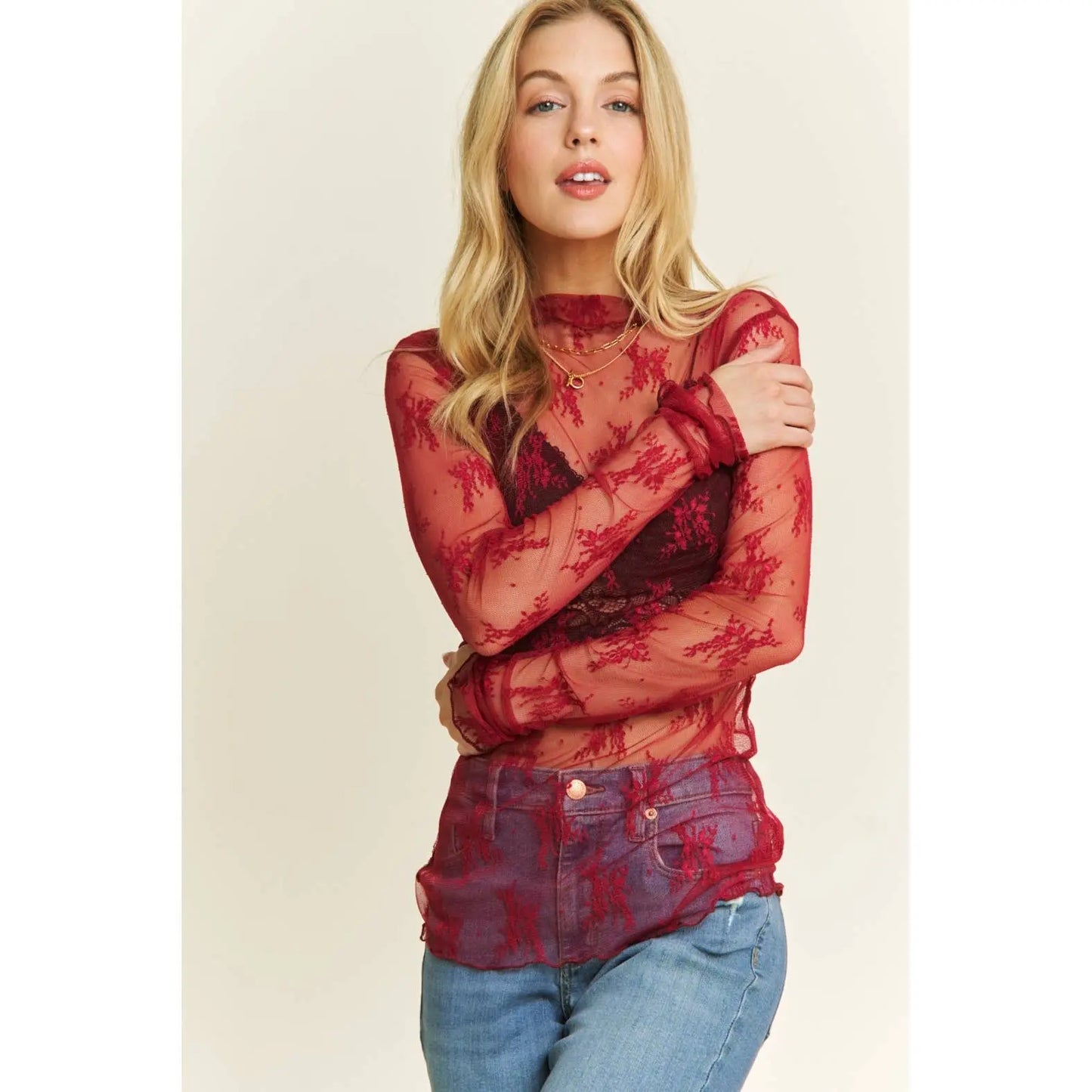 MESH LACE HIGH NECK DESIGN LONG SLEEVE FITTED TOP - Branded By Barta