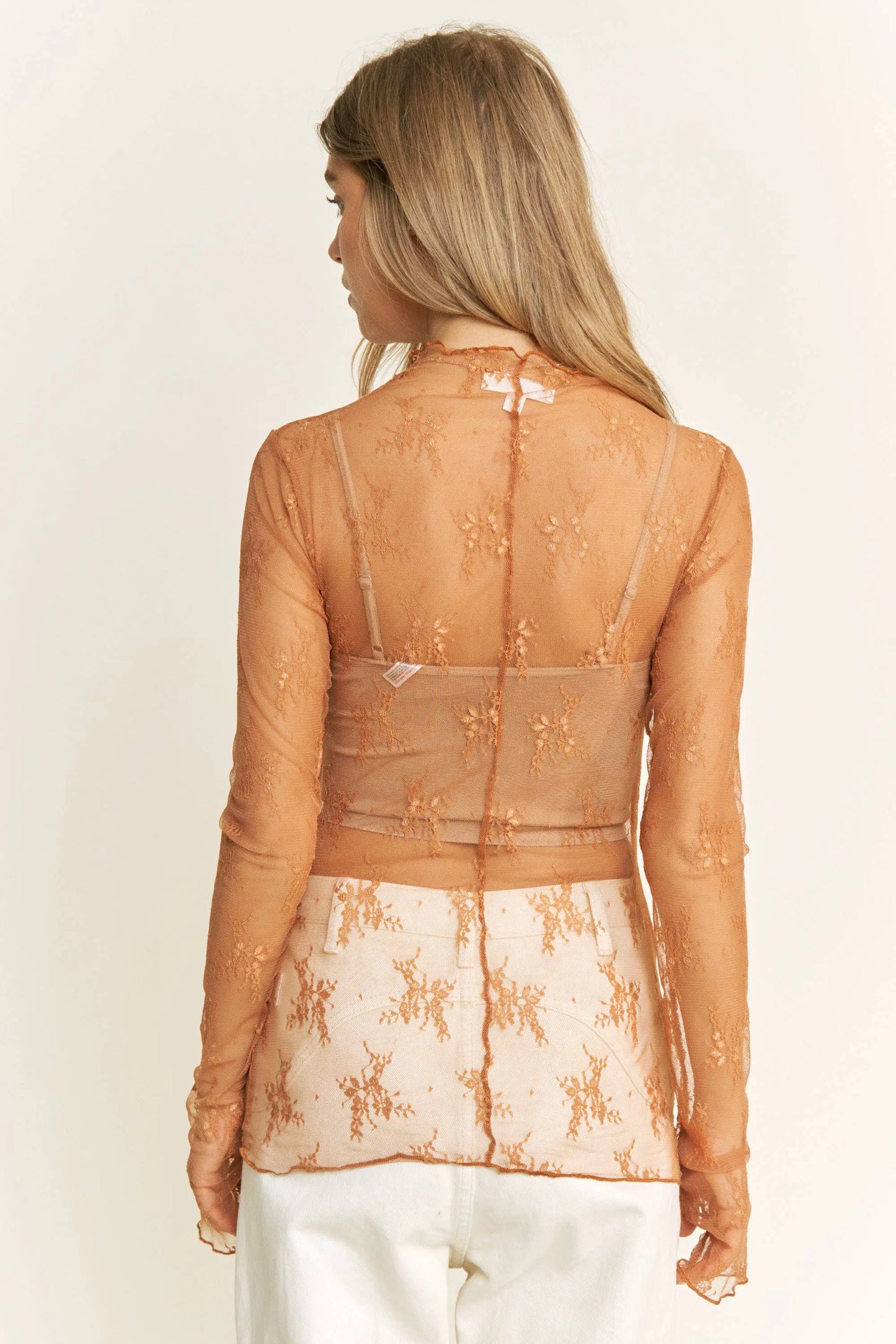 MESH LACE HIGH NECK DESIGN LONG SLEEVE FITTED TOP