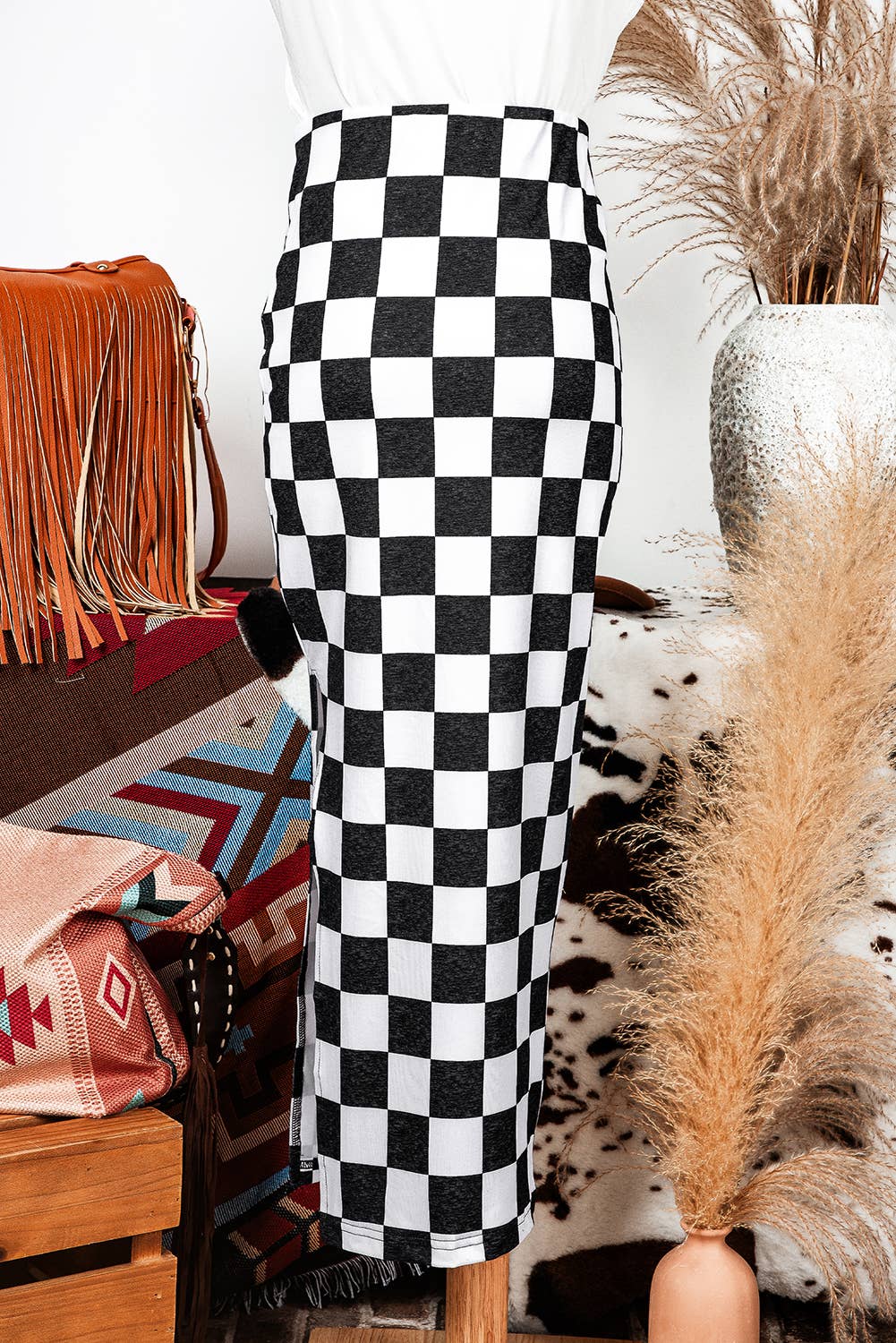 Fall Checkered Side Slit High Waist Midi Skirt