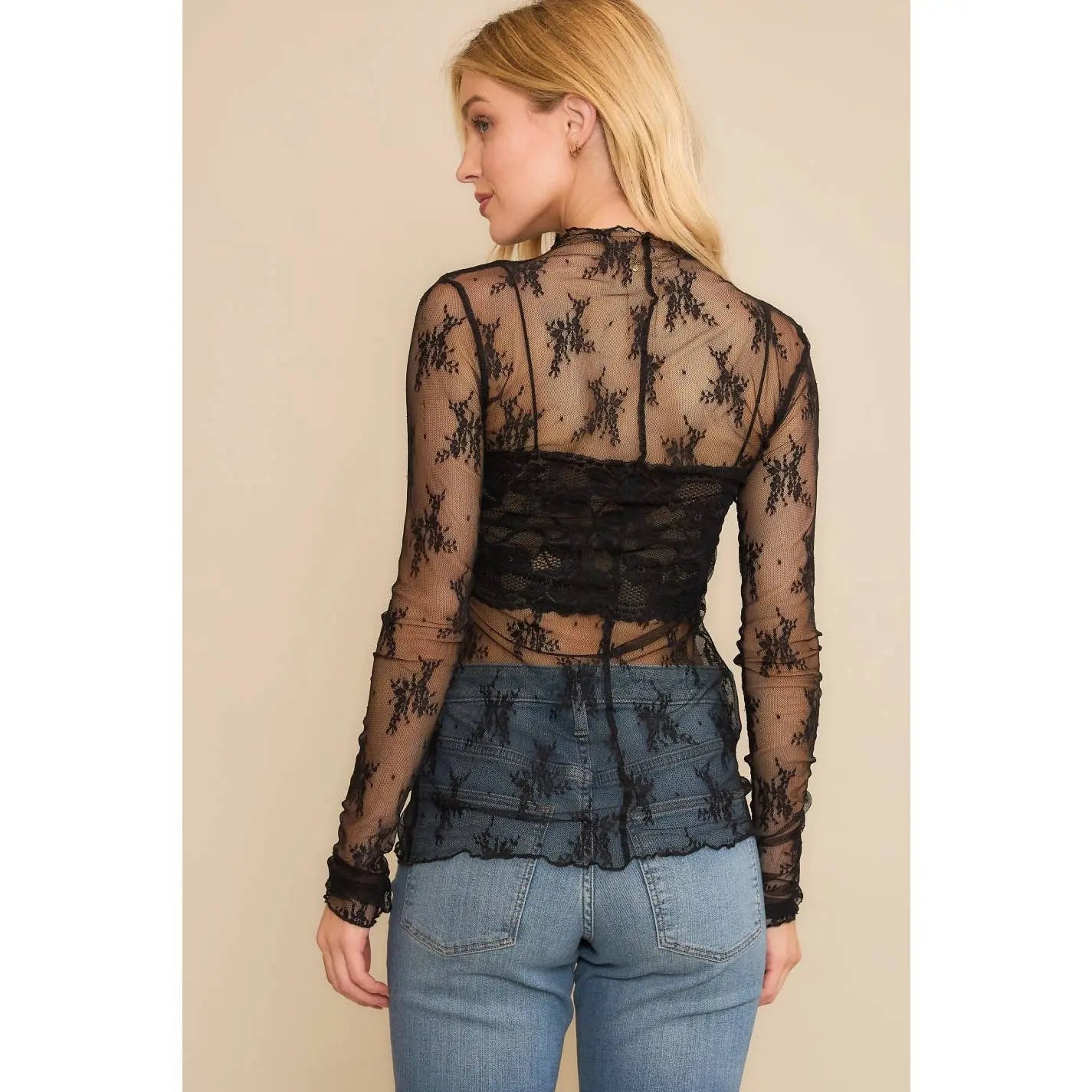 MESH LACE HIGH NECK DESIGN LONG SLEEVE FITTED TOP - Branded By Barta