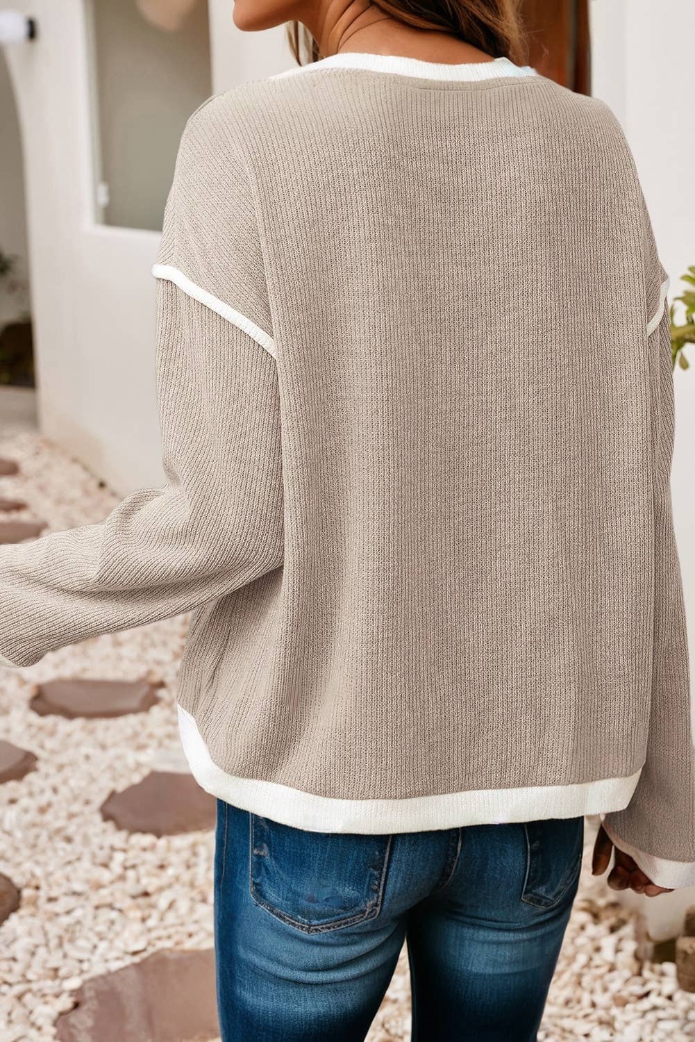 LDC Contrast Color Trim Drop Shoulder Loose Top Little Daisy Closet