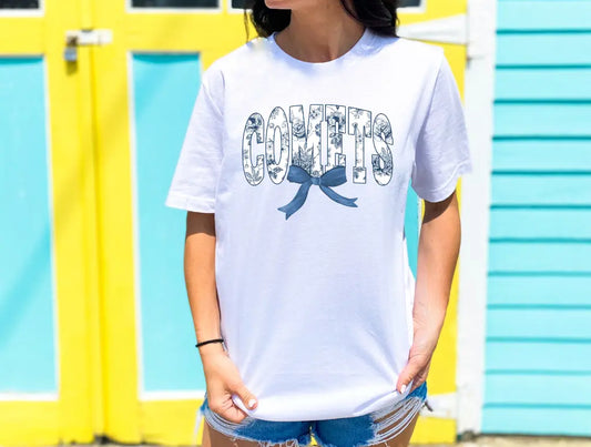 Comets Floral Coquette Bow White Graphic Tee brandedbybarta