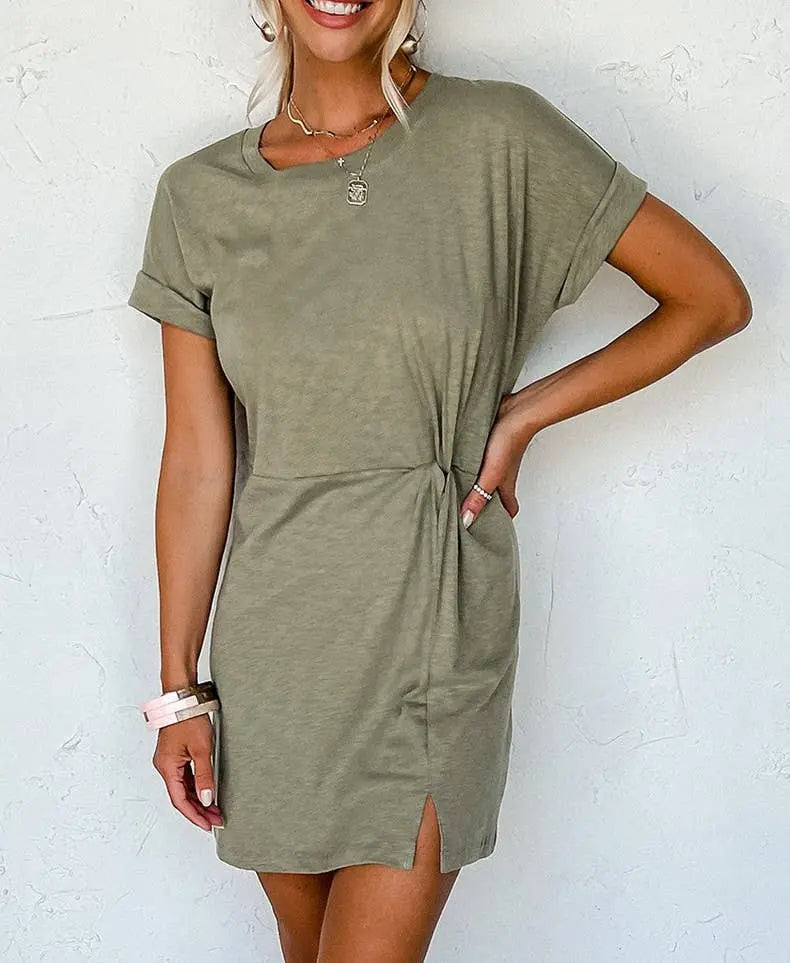 T-shirt style casual loose slit knee-length dress HIDDENBRAND
