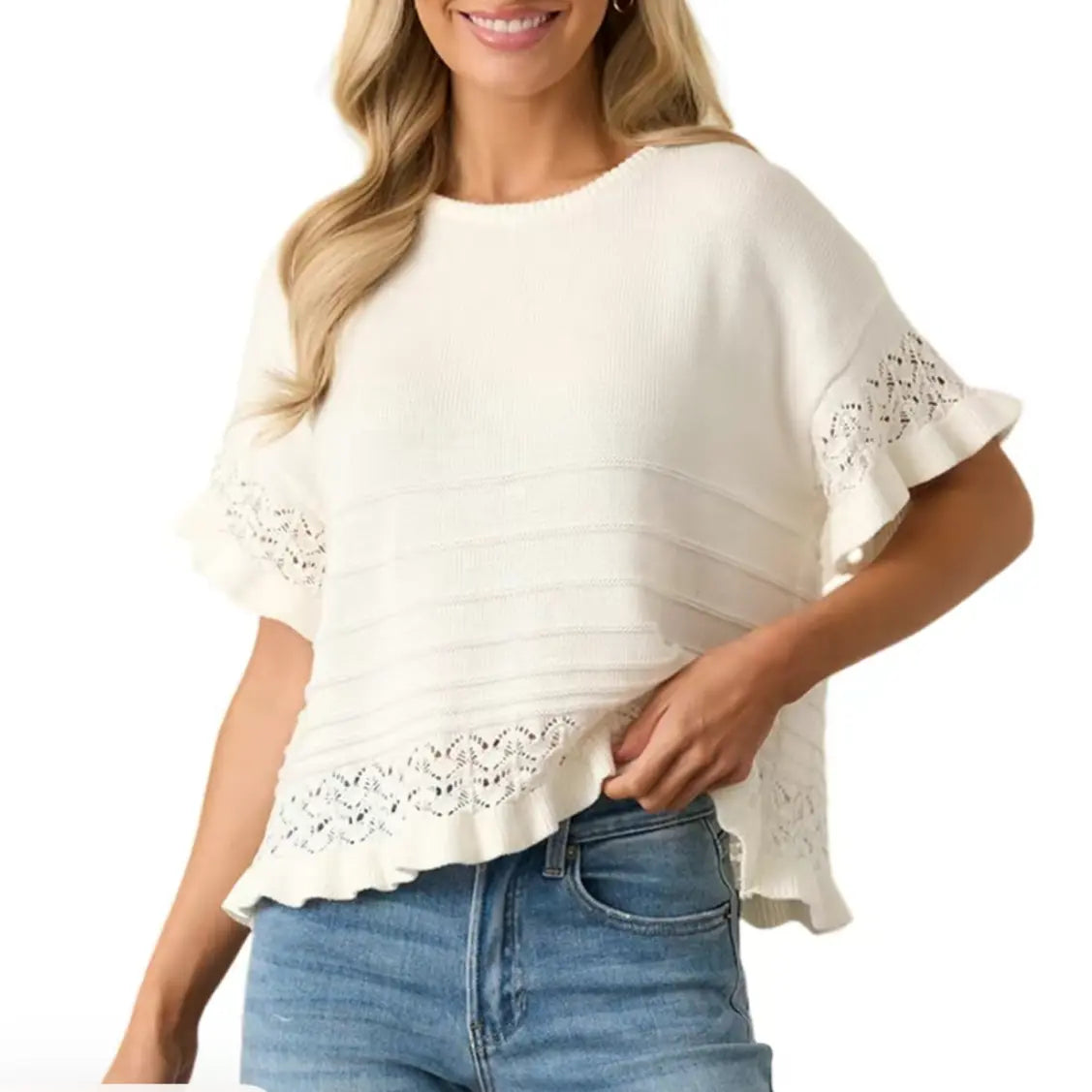 Short Sleeve Sweater Round Neck Ruffled Hem Knit Branded By Barta