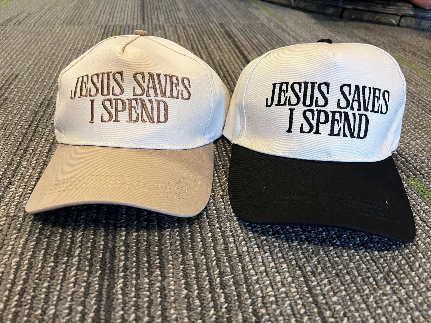Jesus Saves I Spend embroidered two-tone canvas cotton cap 42POPS