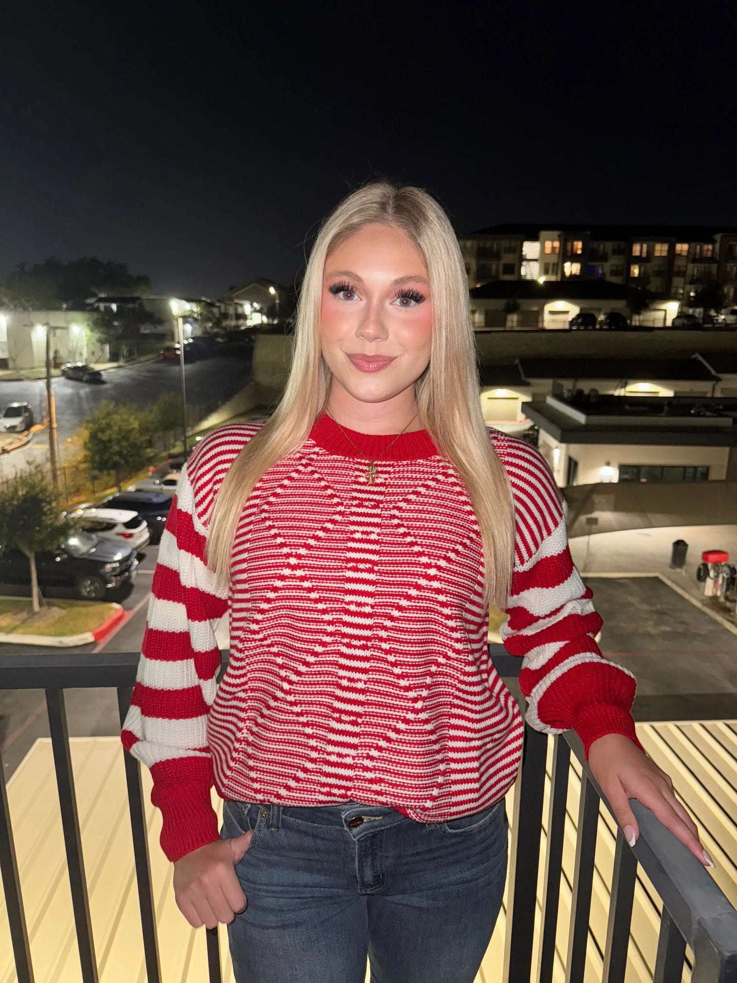 Women's red & White Striped Long Sleeve Sweater Branded By Barta