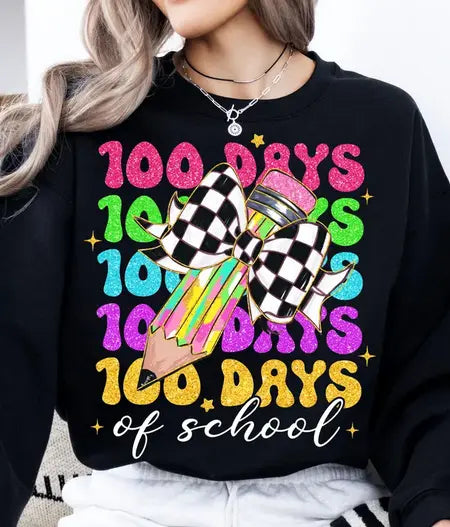 100 Days Of School Pencil Checkered Bow