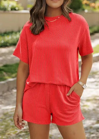 Ribbed Textured Knit Loose Fit Tee and Shorts Set - Branded By Barta