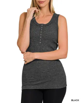 Melange ribbed button closure scoop neck top Branded By Barta