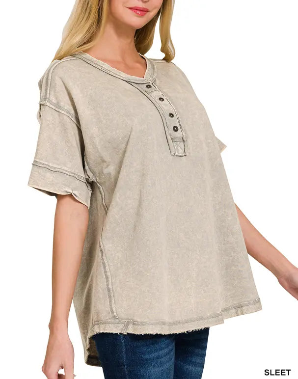Raw edge detailed button closure scoop neck top Branded By Barta