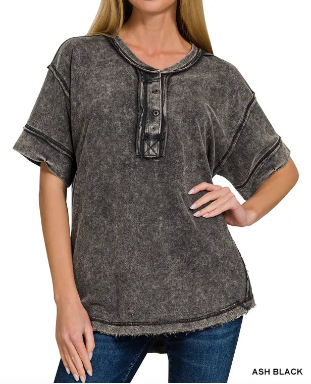 Raw edge detailed button closure scoop neck top Branded By Barta
