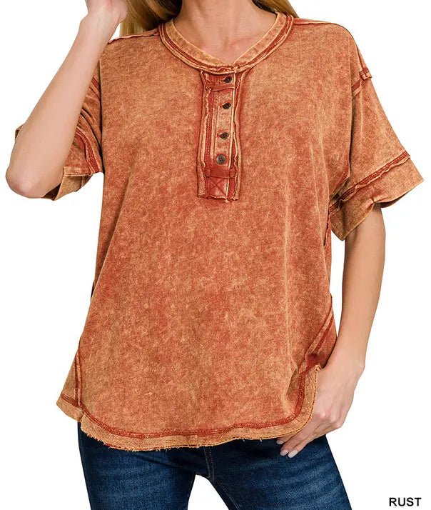 Raw edge detailed button closure scoop neck top Branded By Barta