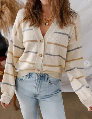 Multicolour Button Down Srtiped V Neck Cardigan Branded By Barta