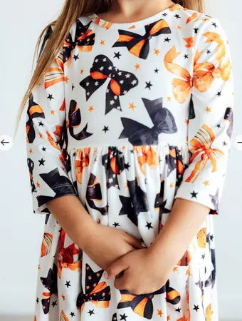 Trick or Twirl 3/4 Sleeve Pocket Twirl Dress Rufflеѕ & Bоwtіеѕ - Affordable Boys & Girls Clothing