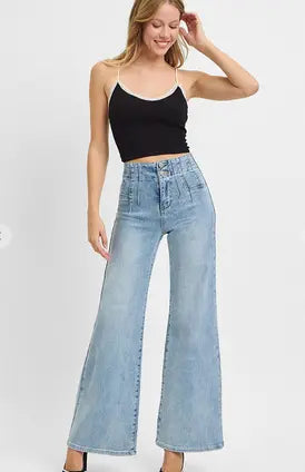 High Rise Wide Front & Back Dart Waist Jeans - Risen Branded By Barta