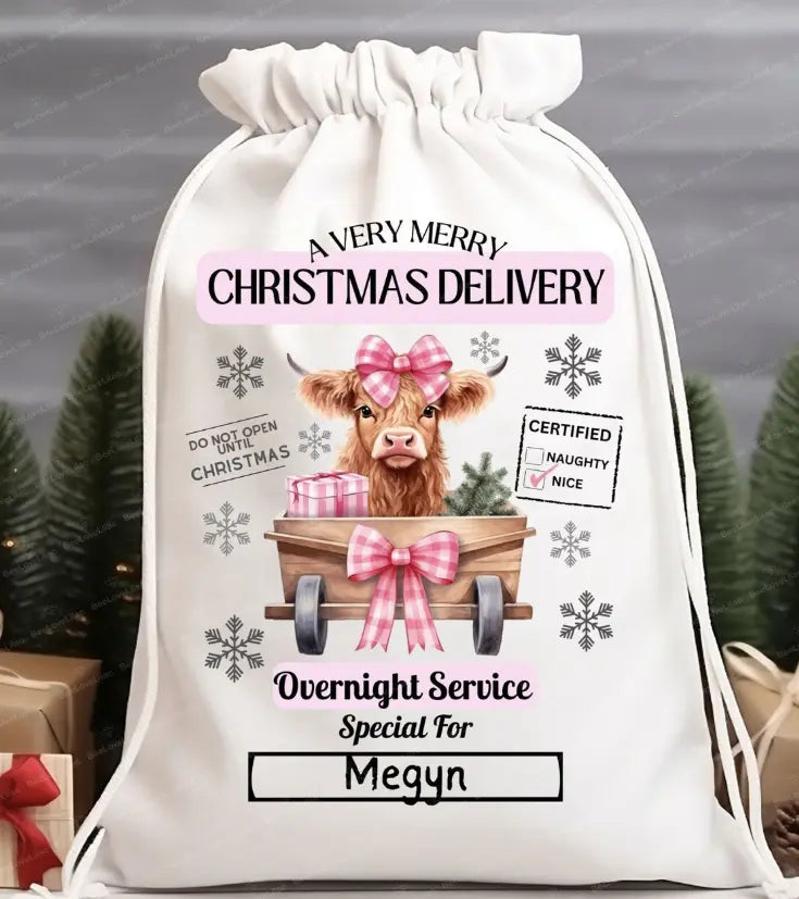 Girly Highland Cow Santa Sack Branded By Barta