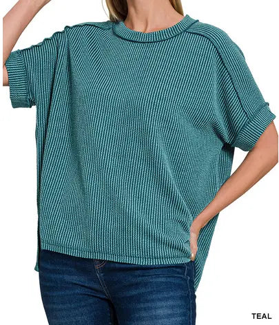 Raised rib cuff sleeve raw edge top Branded By Barta