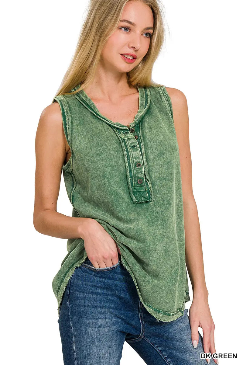 Washed half-button raw edge sleeveless henley top Branded By Barta