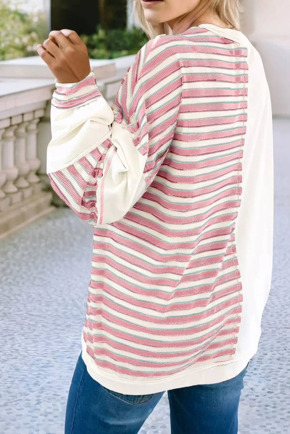 Stripe Stitched Detail Patchwork Oversized Pullover Top Little Daisy Closet