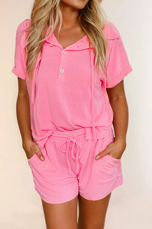 Hooded Short Sleeve Henley Top and Shorts Set - Branded By Barta