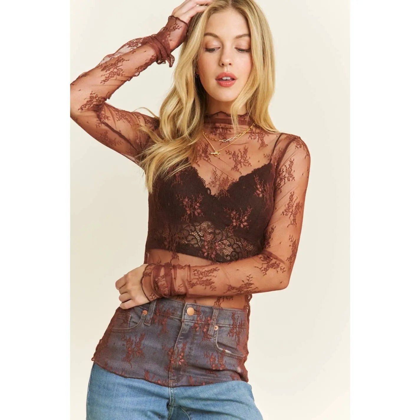 MESH LACE HIGH NECK DESIGN LONG SLEEVE FITTED TOP - Branded By Barta