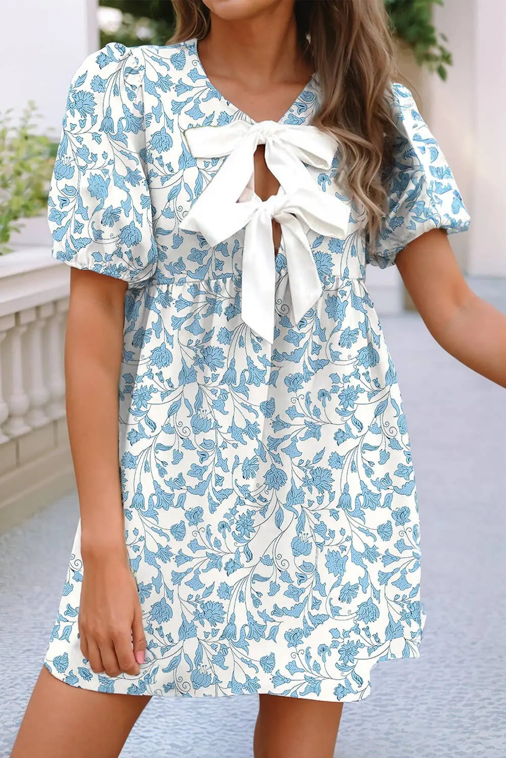 LDC Floral Print Bow Knot Decor Bubble Sleeve Shift Dress Little Daisy Closet